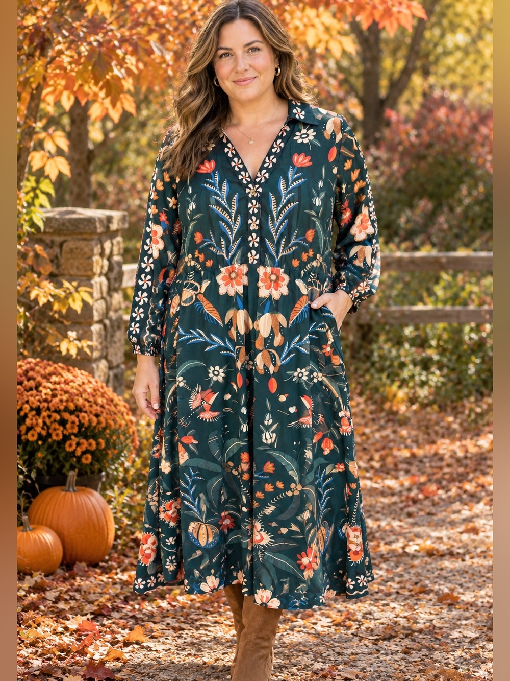 BloomChic 14-16 Green Floral Long Sleeve Midi Dress